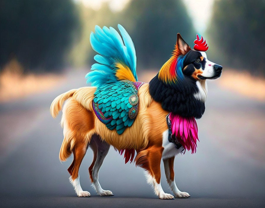 Colorful Dog with Rainbow Wings, Rooster Comb, and Peacock Feather Tail on Road