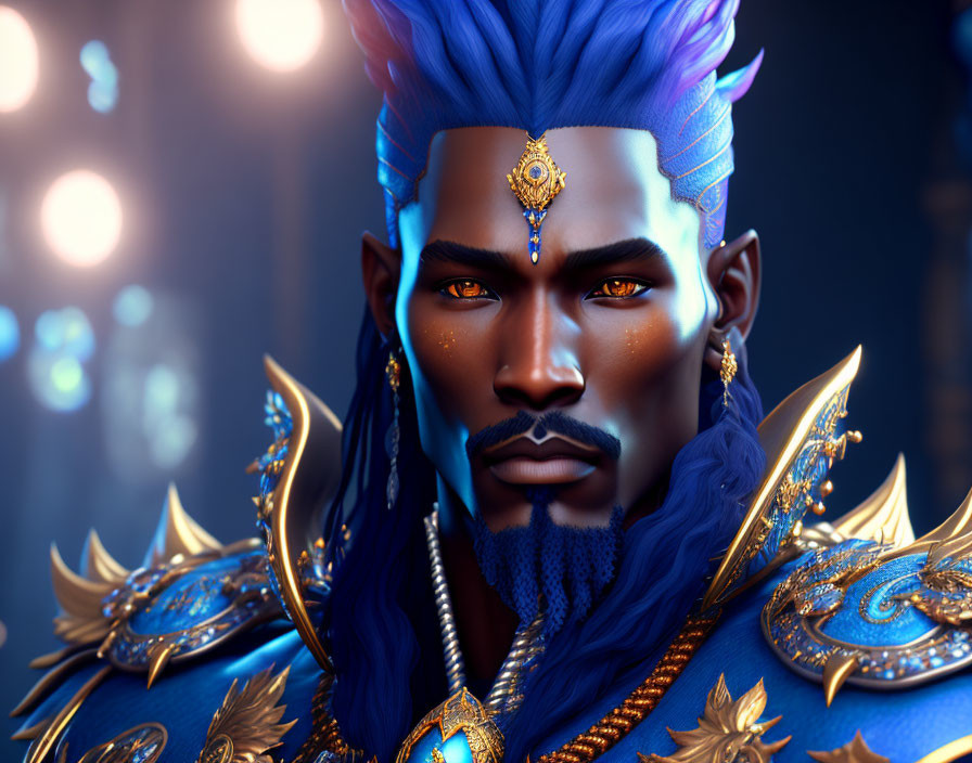 Male figure in blue hair and beard wearing regal golden and blue armor.