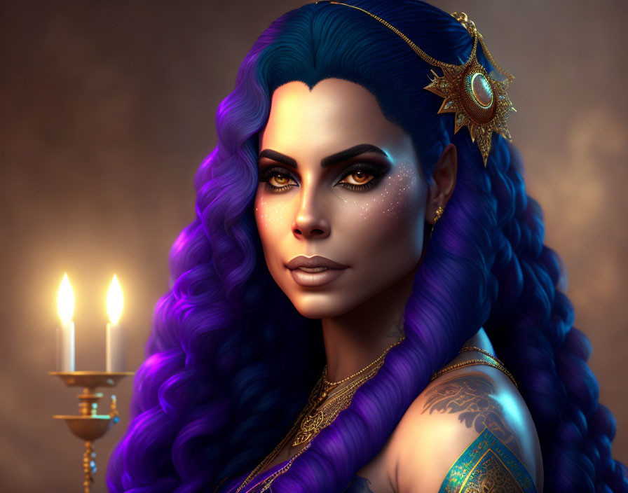 Vivid Blue Hair Woman with Celestial Makeup and Tattoos in Digital Art