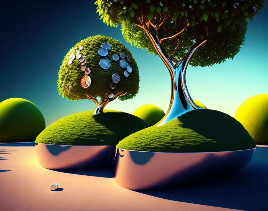 Stylized image of lush trees with coin leaves on green hills under blue sky