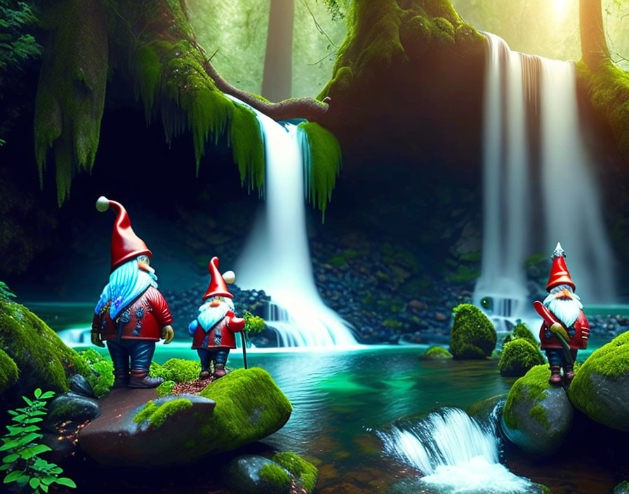 Garden gnomes by serene waterfall in mossy forest