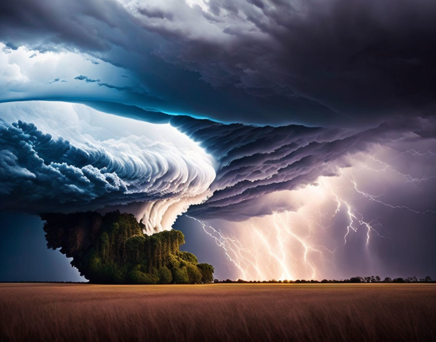 Intense lightning in dramatic supercell storm over plain