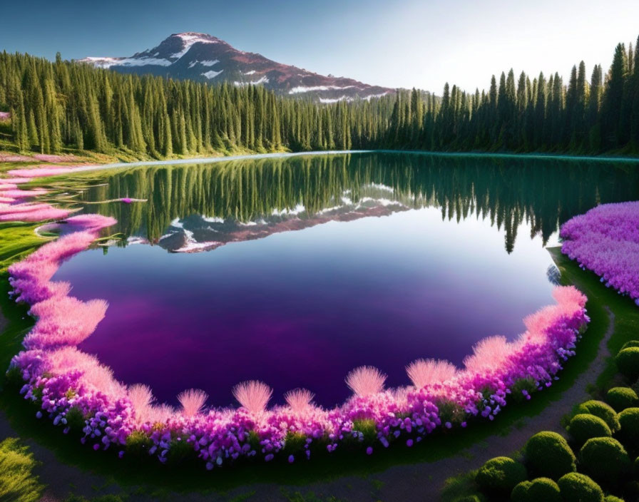 Pink flowers border tranquil lake with snowy mountain and trees in reflection