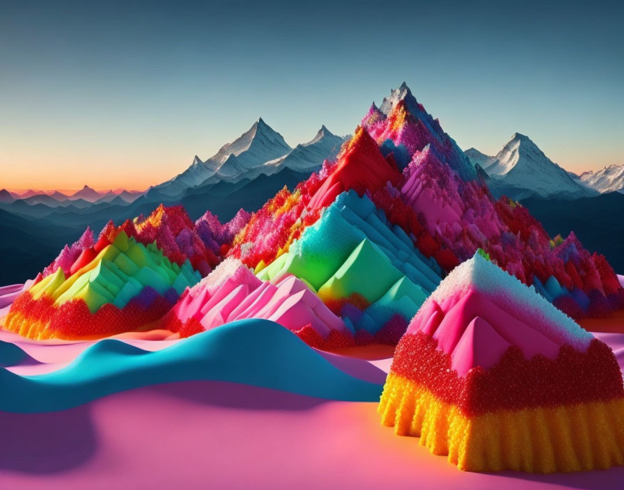 Vibrant stylized landscape with blue river and snowy peaks