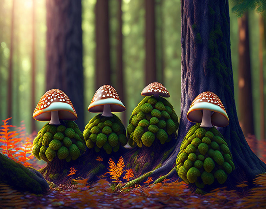 Illustration of stylized mushrooms in mystical forest with warm sunlight.