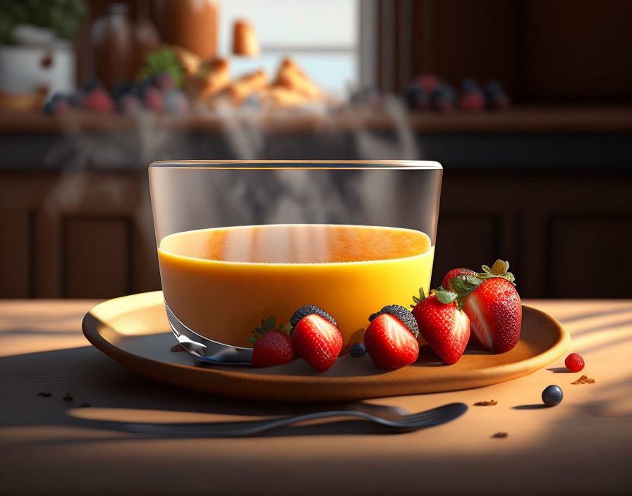 Creamy Soup with Fresh Strawberries on Wooden Table