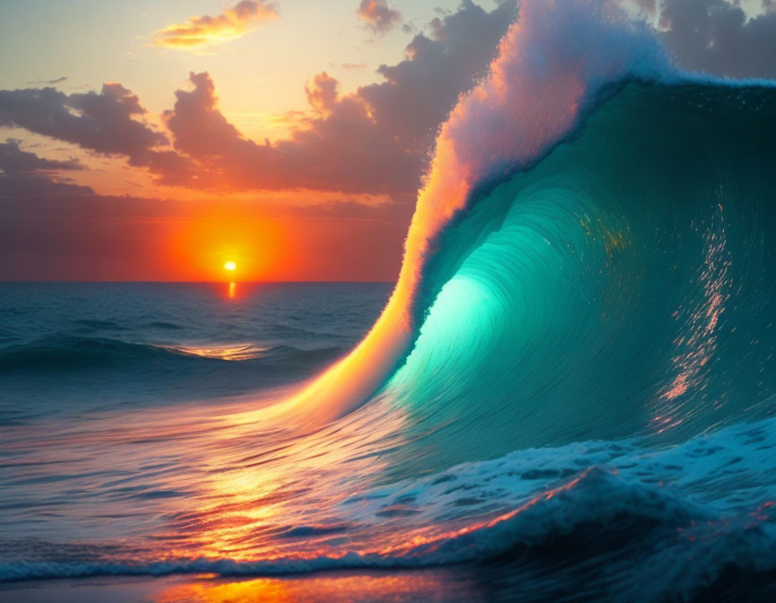 Colorful sunset over ocean wave at dusk