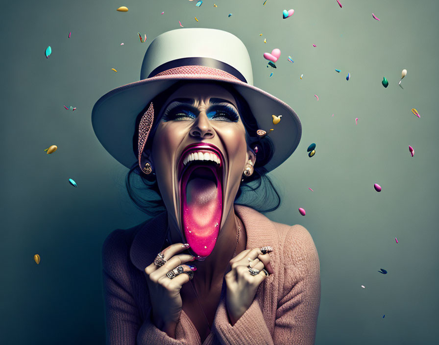 Woman in White Hat Laughing with Tongue Out Amid Colorful Confetti