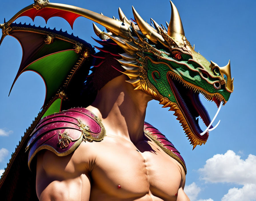 Muscular figure with dragon's head and golden horns in vibrant artwork