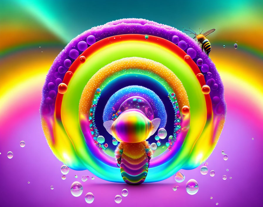 Colorful Image: Bee Flying to Rainbow Spiral with Water Droplets