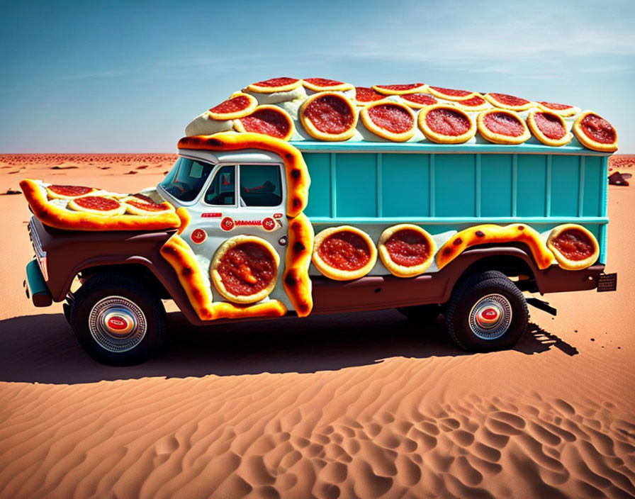 Colorful Pizza-Themed Truck in Desert Setting