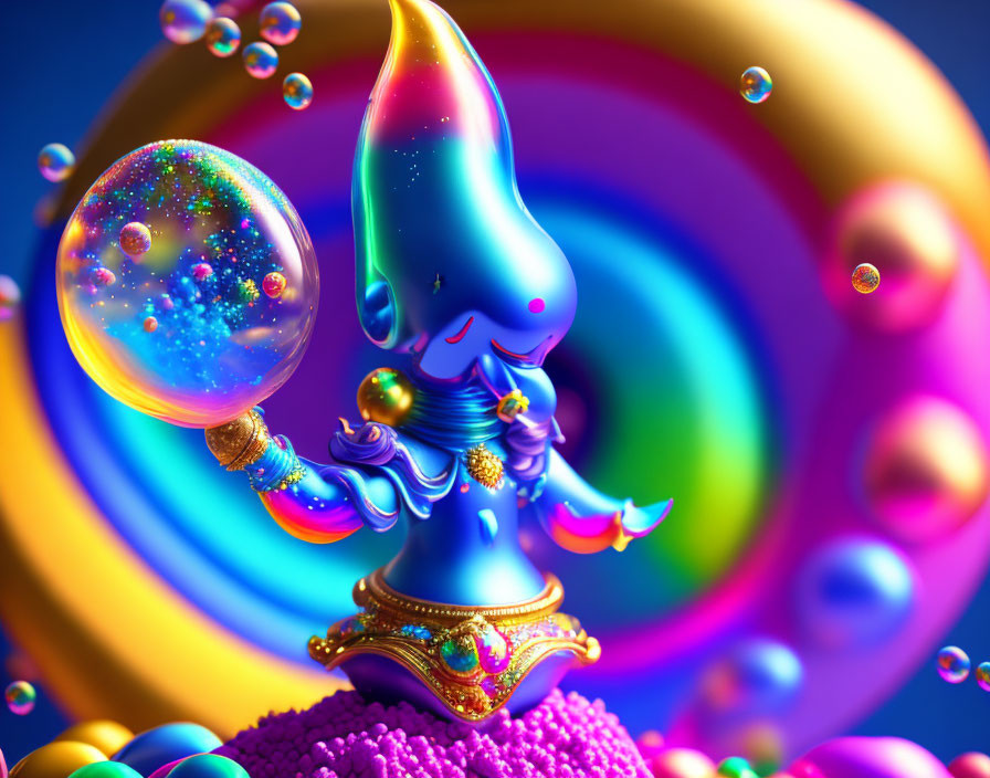 Colorful Genie-Like Figure With Galaxy Bubble and Spirals