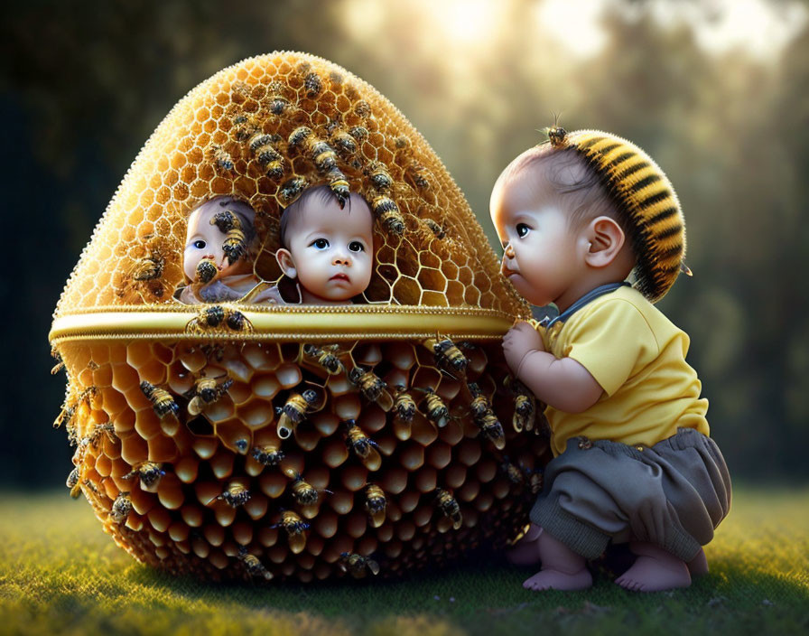 Four Babies in Bee-Themed Outfits Near Bee Hive