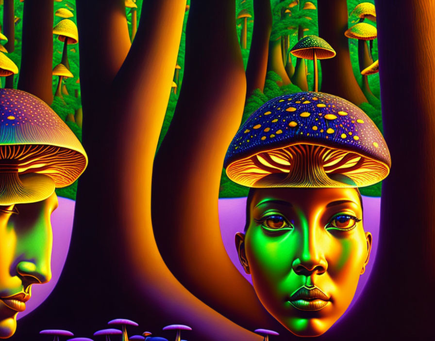 Colorful Artwork: Two Faces with Mushroom Hats in Glowing Forest