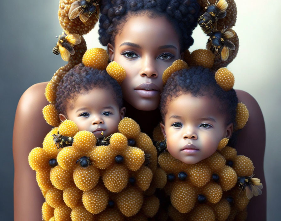 Woman and two children with beehive hairstyles and golden bee decorations on grey backdrop