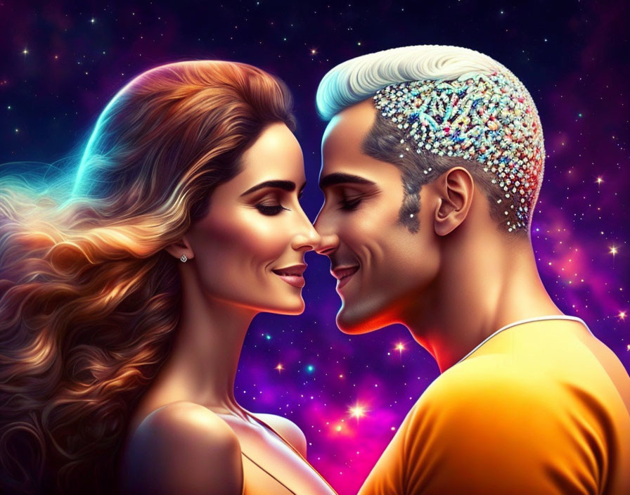 Stylized illustration of man and woman with jeweled hair in starry night setting