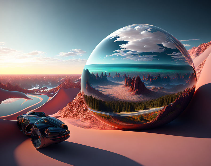 Futuristic car beside reflective sphere on desert road at sunset