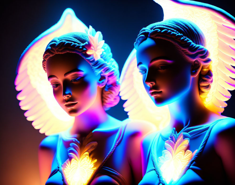 Vibrant blue and orange neon-lit angelic statues in intricate detail