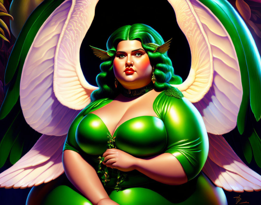 Colorful Illustration: Plus-Size Angel in Green Attire with White Wings and Birds