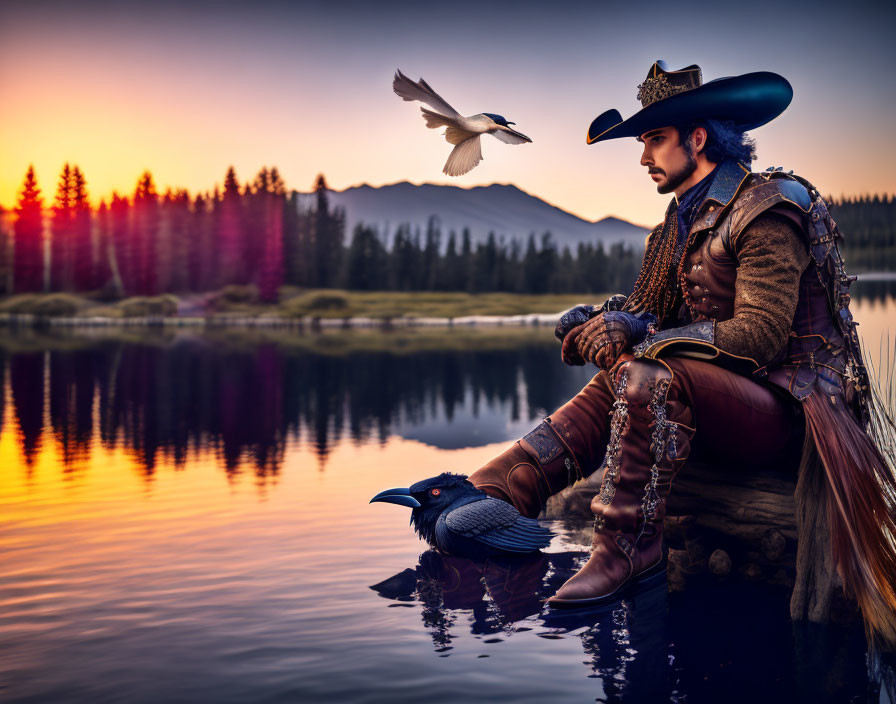 Cowboy by tranquil lake at sunset with bird flying and mountains in background