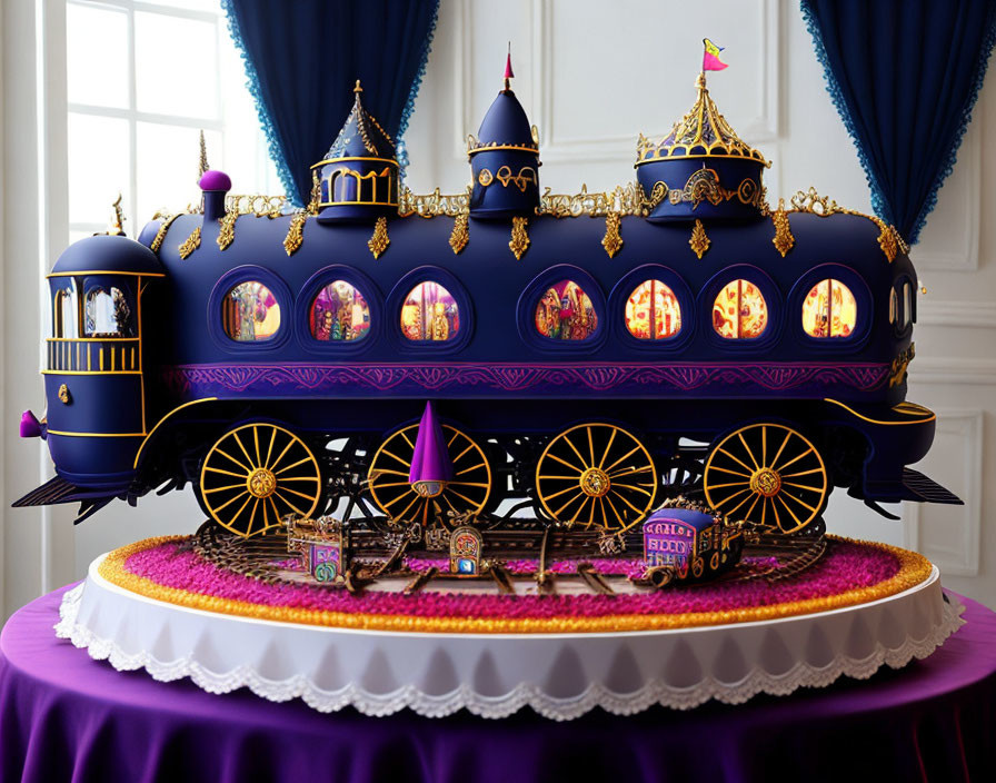 Detailed Purple and Gold Royal Carriage Cake Displayed on Table