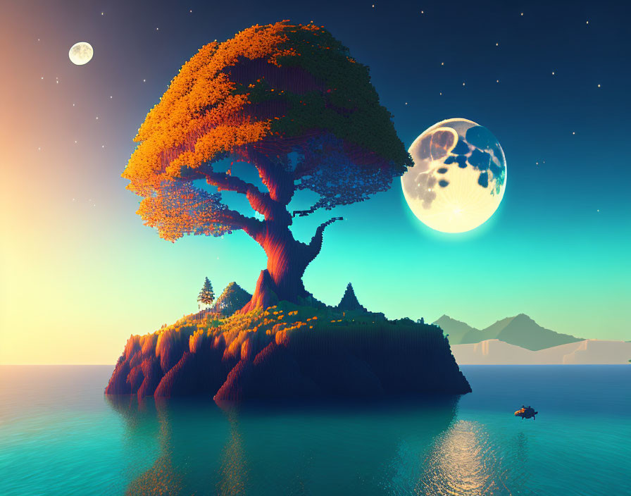 Colorful tree on island at sunset with dual moons and boat in water