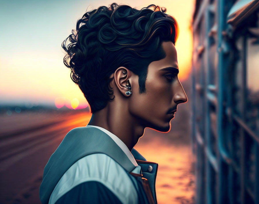 Young man with curly hair in jacket at sunset on bridge