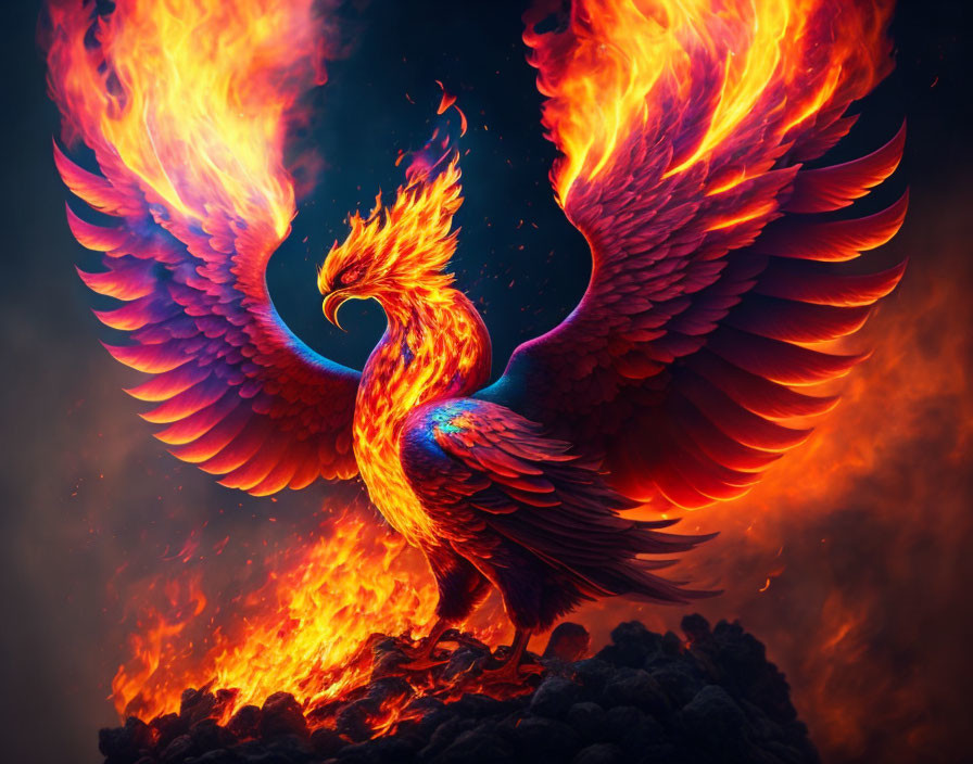 Colorful Phoenix Rising from Flames and Ashes Against Smoky Background