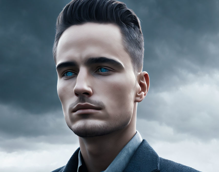 Portrait of young man with blue eyes, sharp features, dark hair under dramatic sky