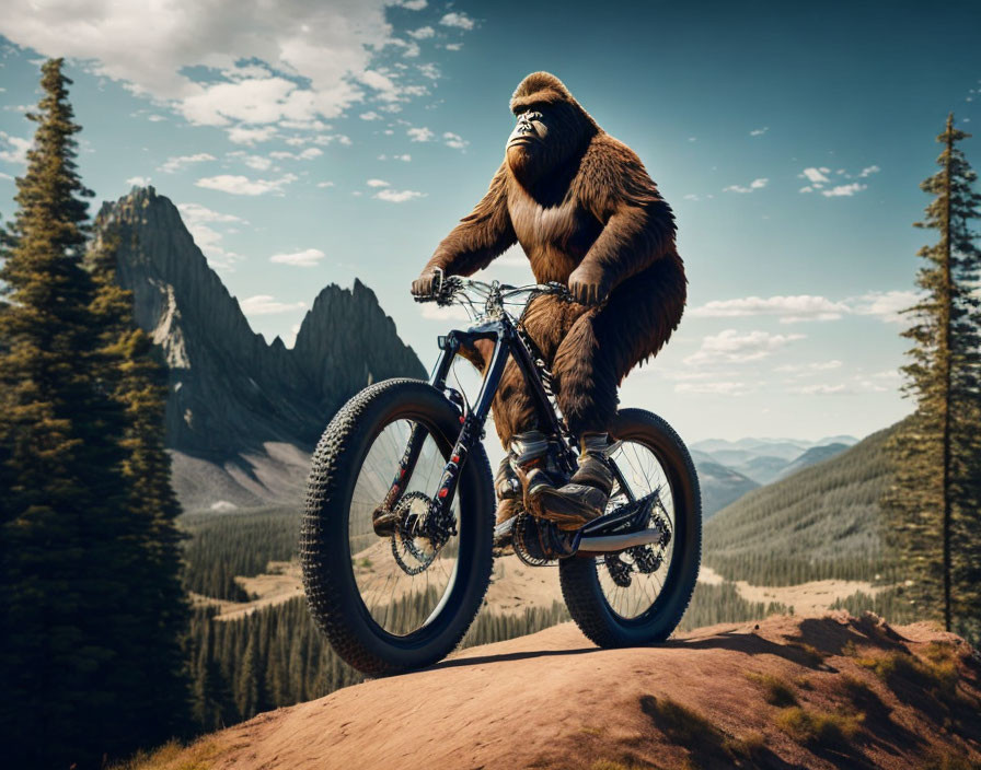 Person in gorilla costume biking on mountain trail amid scenic view