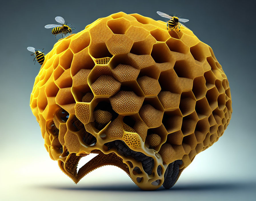 Detailed Stylized Honeycomb with Bees and Honey Oozing Out