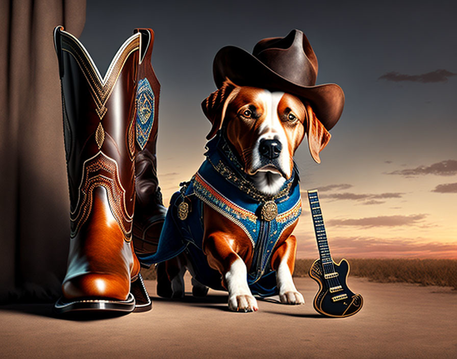 Dog in Cowboy Attire with Western Sunset Background