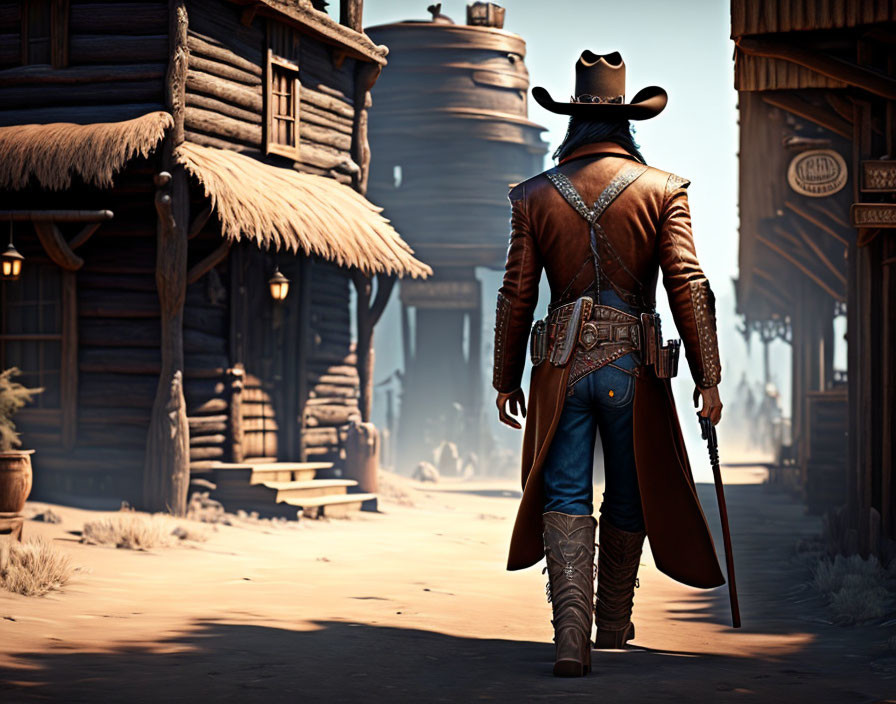 Cowboy in leather jacket and hat with rifle in old-western town.