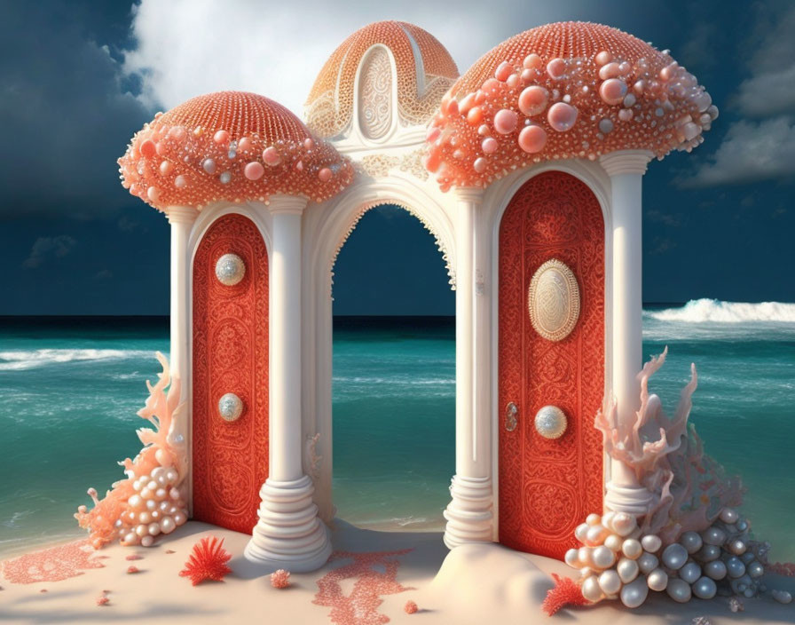 Coral-inspired fantasy structure against ocean backdrop