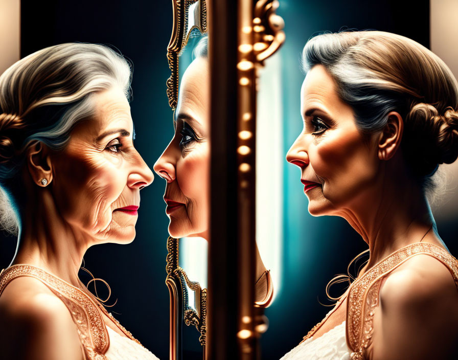 Two women in mirror reflection showing age gap or family resemblance