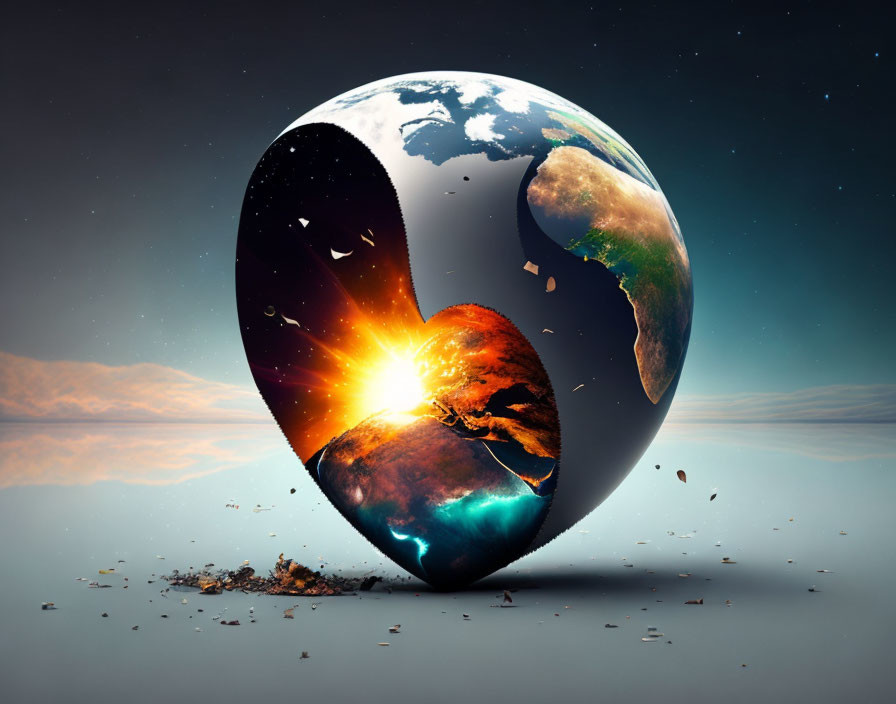 Cracked heart-shaped Earth in digital artwork