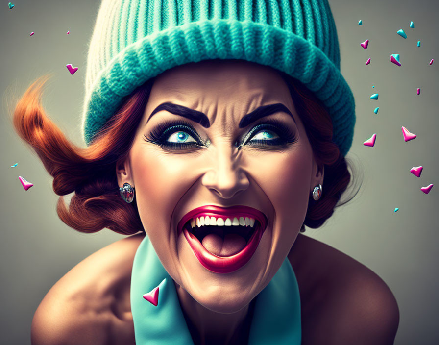 Woman with dramatic makeup in teal hat and scarf laughing with confetti