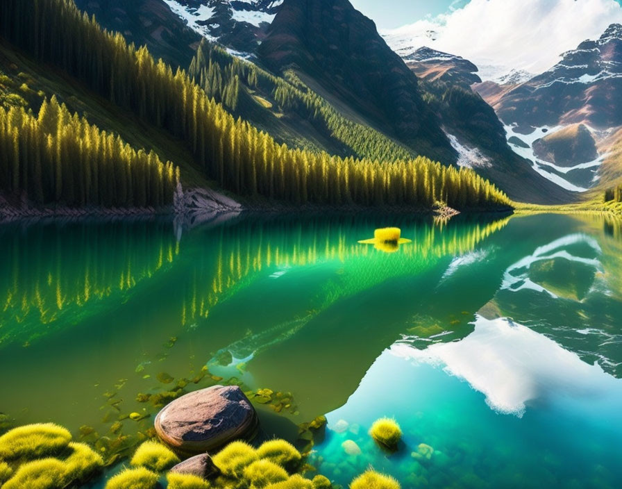 Tranquil Mountain Lake with Turquoise Waters and Snow-Capped Peaks