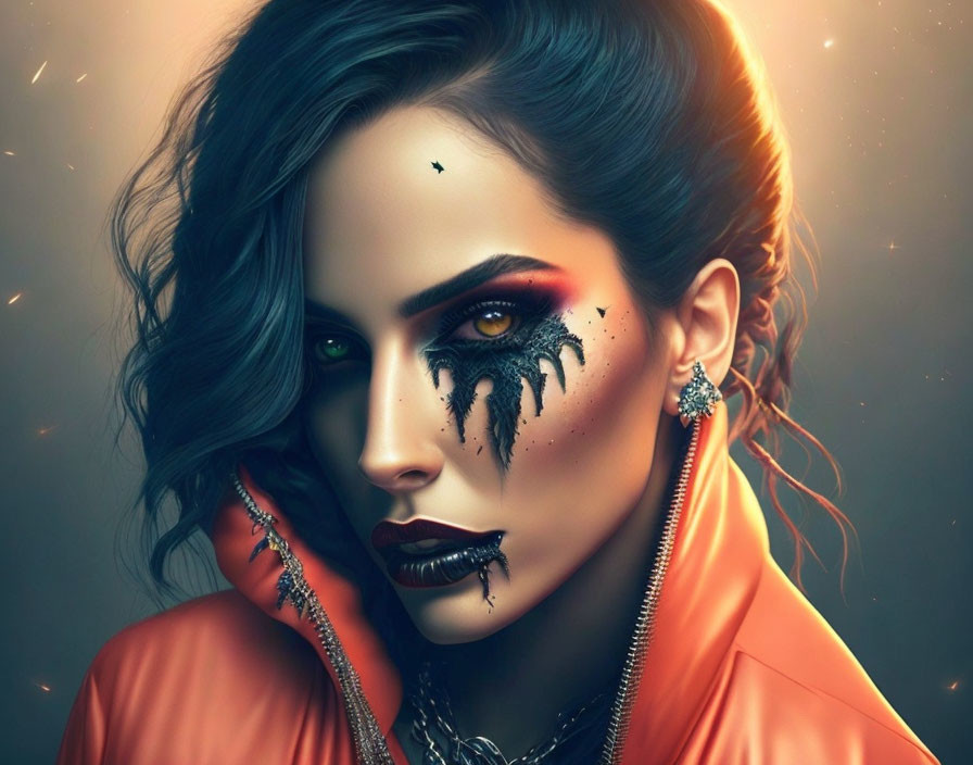 Digital artwork featuring woman with dark eye makeup, glossy lips, orange jacket