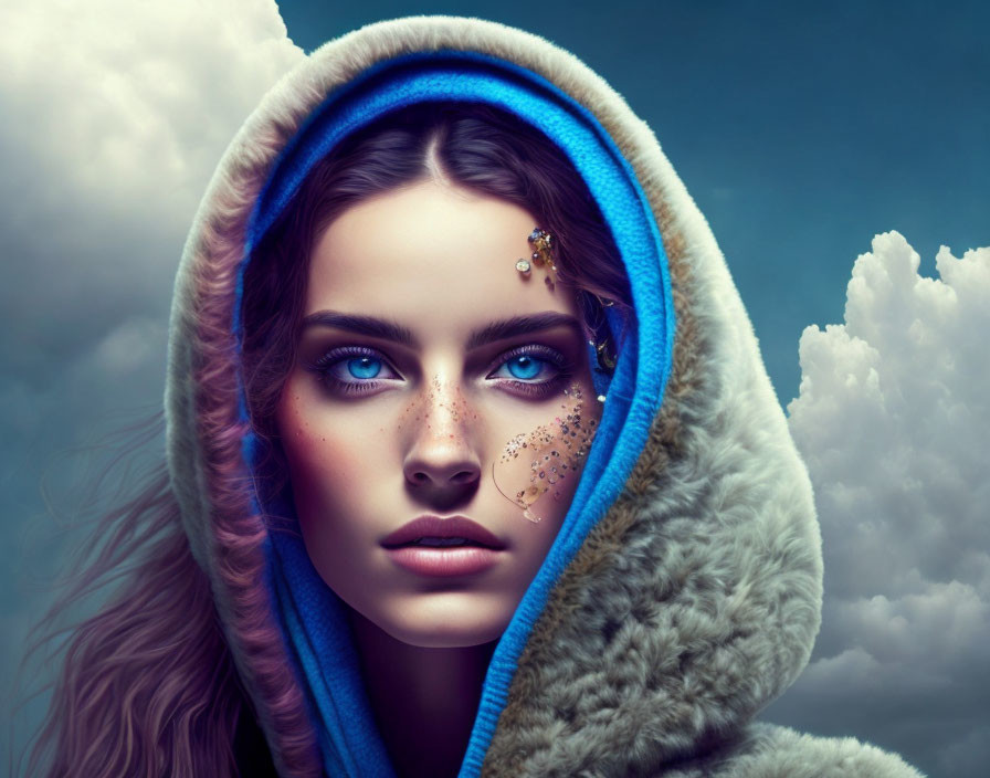 Digital Artwork: Woman with Striking Blue Eyes in Hooded Garment