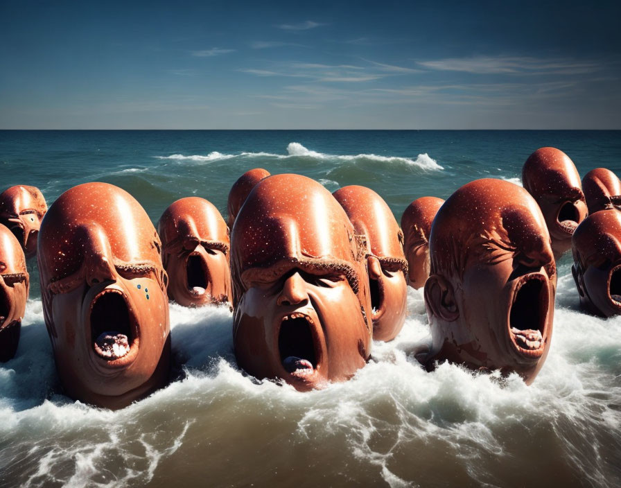 Surreal artwork featuring oversized anguished human heads in the sea