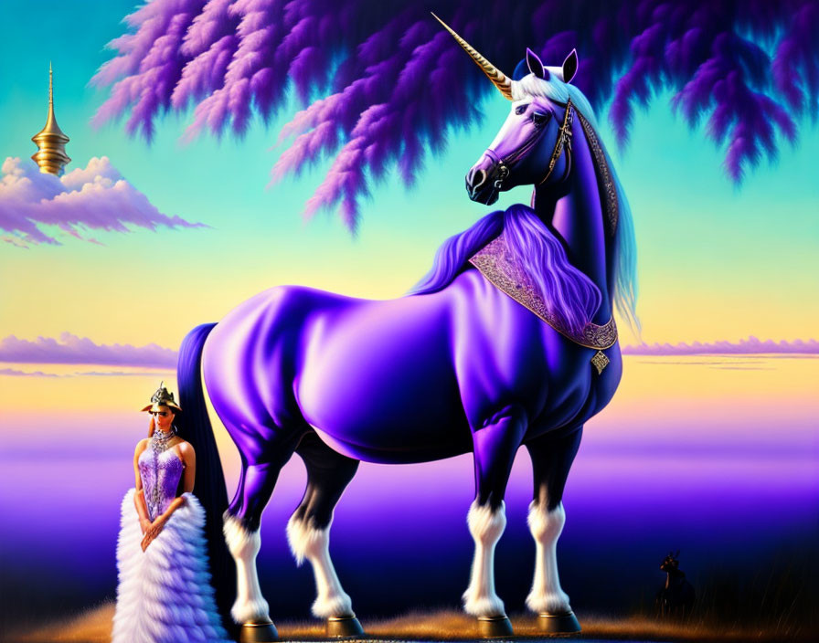 Vibrant purple unicorn and woman in regal attire under purple sky