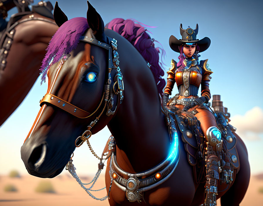 Female Steampunk Cowboy and Mechanical Horse in Futuristic Western Setting