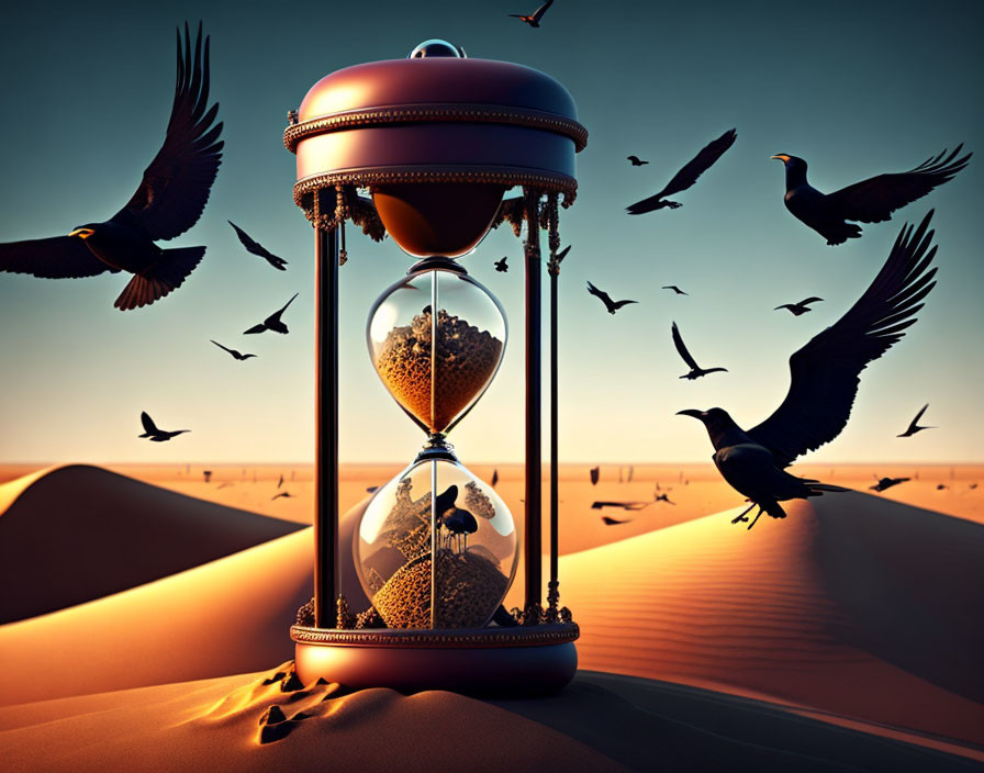 Hourglass in desert with flowing sand, crows flying at dusk