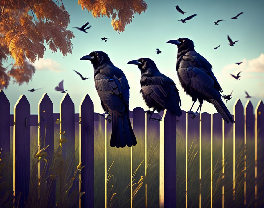 Three crows on wooden fence with flying birds in sunset field