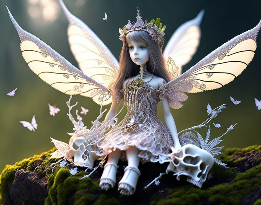 Fantasy doll with wings, crown, butterflies, and skulls in magical setting