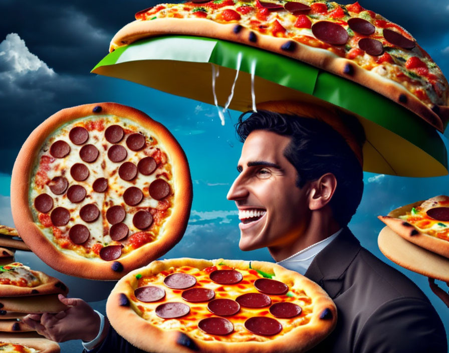 Man in suit with floating pepperoni pizzas under pizza-shaped umbrella in surreal sky.