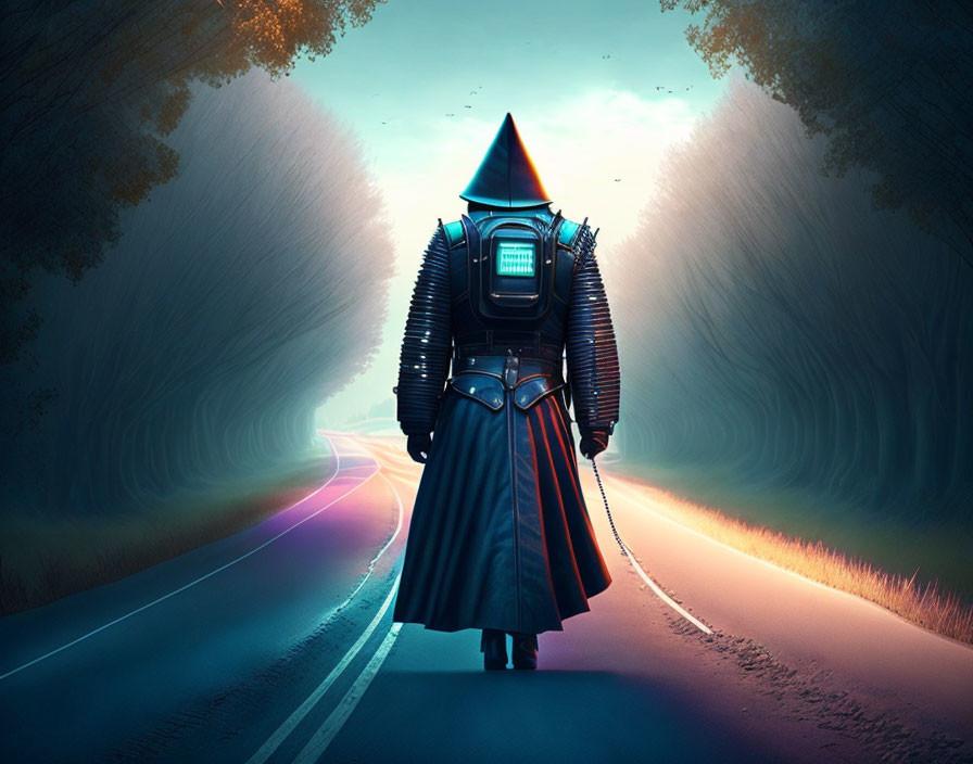 Mysterious medieval-futuristic figure on misty road with neon glow