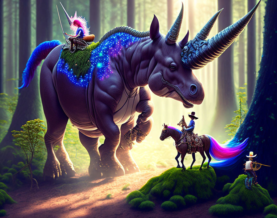 Fantastical cosmic unicorn, knight, and archer in enchanted forest