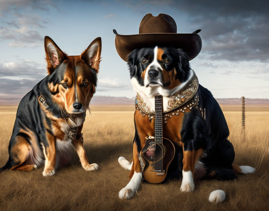 Cowboy-themed dogs with hat, bandana, and guitar in prairie setting